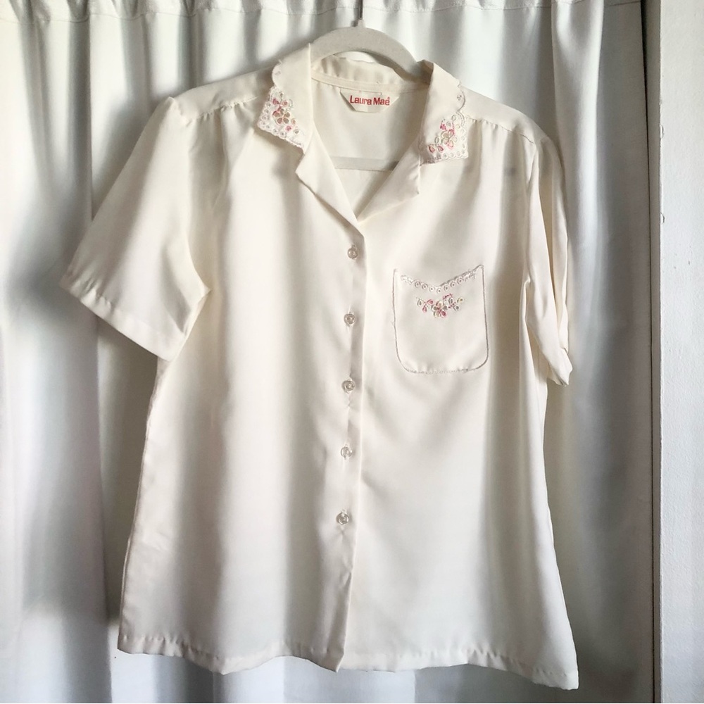 Vintage Laura Mae Cream Embroidered Collar Blouse M  L 70's cottagecore